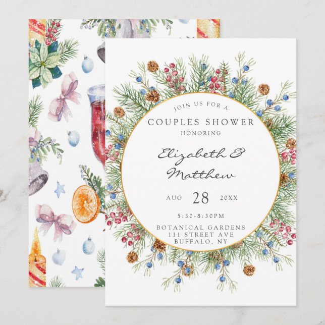 Christmas Wreath Gold Couples Shower Invitation (Front/Back)