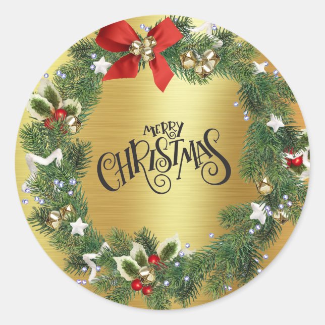 Christmas Wreath - Gold Foil - Merry Christmas Classic Round Sticker (Front)