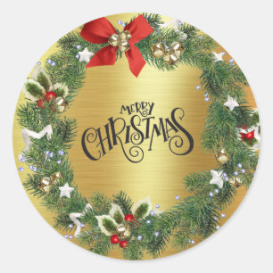 Christmas Wreath - Gold Foil - Merry Christmas Classic Round Sticker