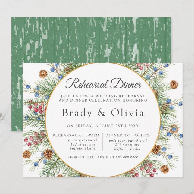 Christmas Wreath Gold Geometric Rehearsal Dinner Invitation (Front/Back)