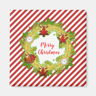 Christmas Wreath Gold Ornaments Red Stripes Magnet