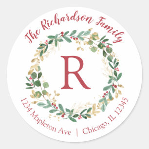 Christmas wreath gold red return address labels