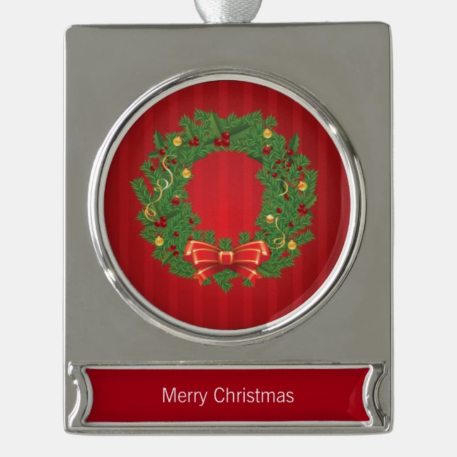 Christmas Wreath Green And Red Silver Plated Banner Ornament (Front)