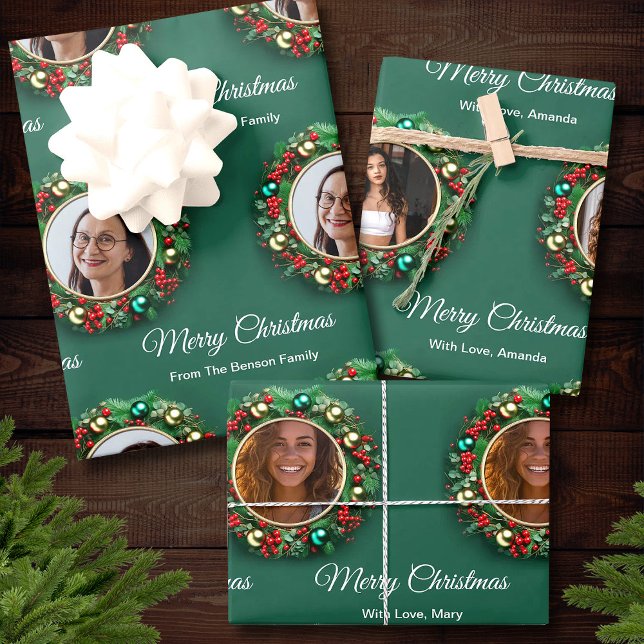 Christmas Wreath Green Family Photo Personalised  Wrapping Paper Sheet (Christmas Wreath Green Family Photo Personalized Wrapping Paper Sheets)