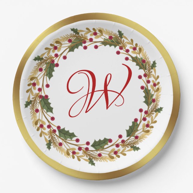 Christmas Wreath Green Holly Leaves Red Berry  Paper Plate (Front)