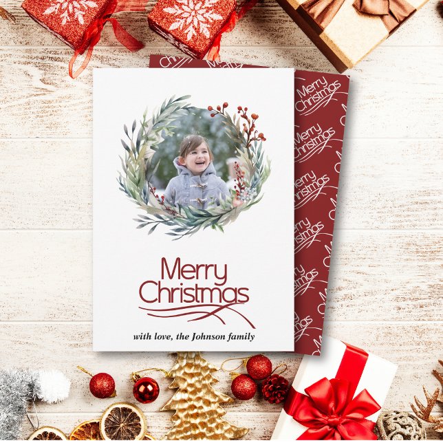 Christmas wreath, green leaves and berries photo holiday card (Creator Uploaded)