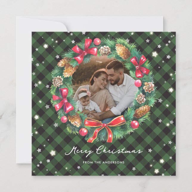 Christmas Wreath Green Plaid Stars Photo Holiday Card (Front)