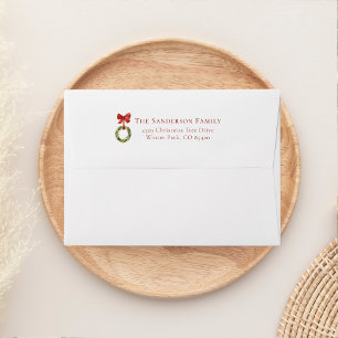 christmas wreath greenery red bow rustic envelope