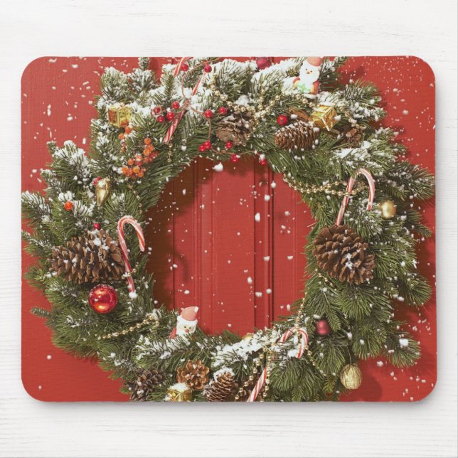 Christmas wreath hanging on a door mouse mat (Front)