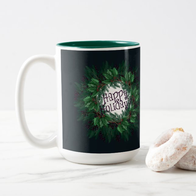 Christmas Wreath Happy Holidays! Christmas Latte M Two-Tone Coffee Mug (With Donut)