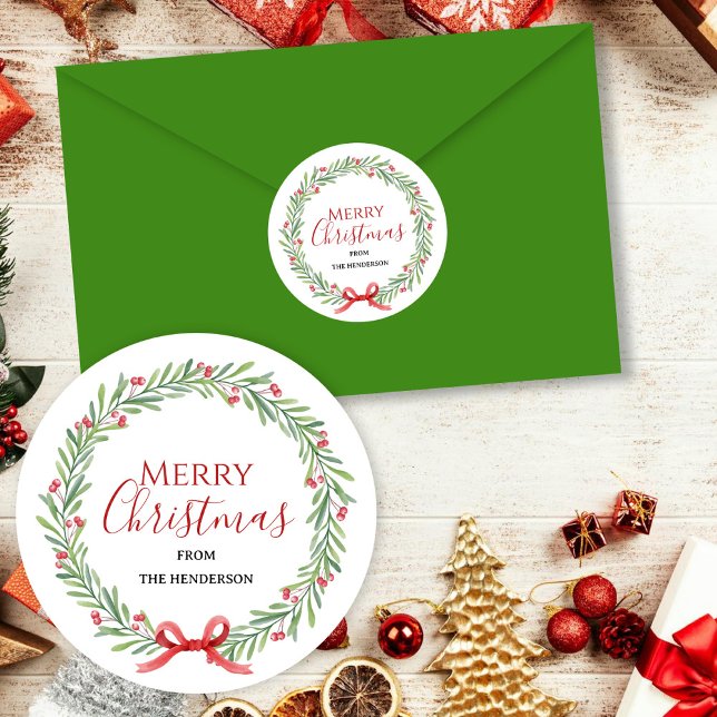 Christmas Wreath Happy Holidays Family Name Classic Round Sticker (Creator Uploaded)