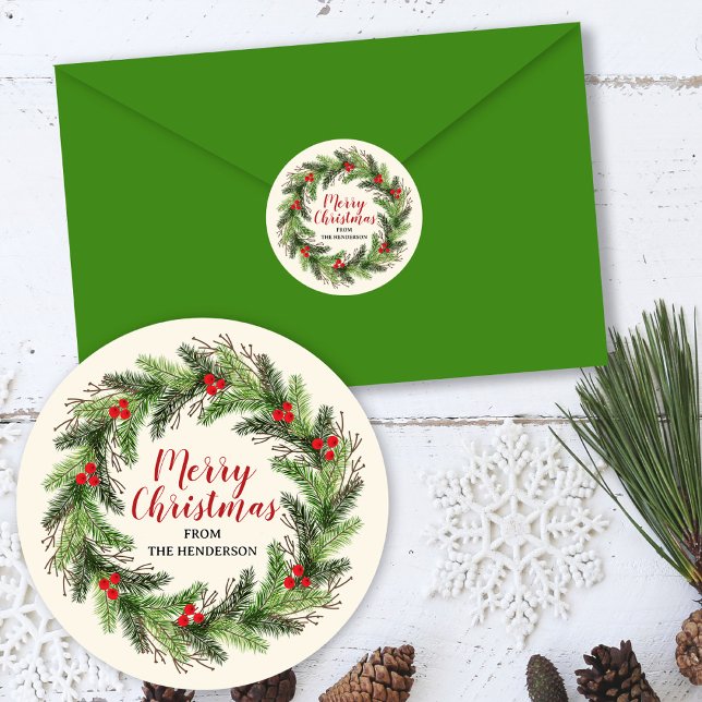 Christmas Wreath Happy Holidays Family Name Classic Round Sticker (Creator Uploaded)