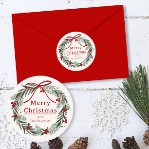 Christmas Wreath Happy Holidays Family Name   Classic Round Sticker