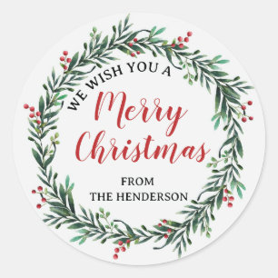 Christmas Wreath Happy Holidays Family Name Classic Round Sticker