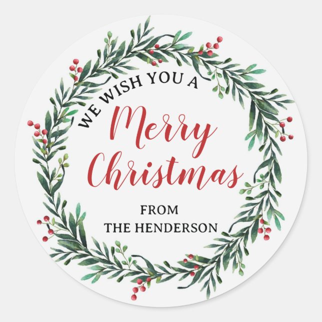 Christmas Wreath Happy Holidays Family Name Classic Round Sticker (Front)