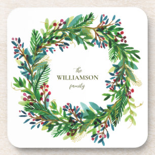 Christmas Wreath Holiday family name Holi Coaster