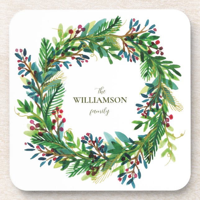 Christmas Wreath Holiday family name Holi Coaster (Front)