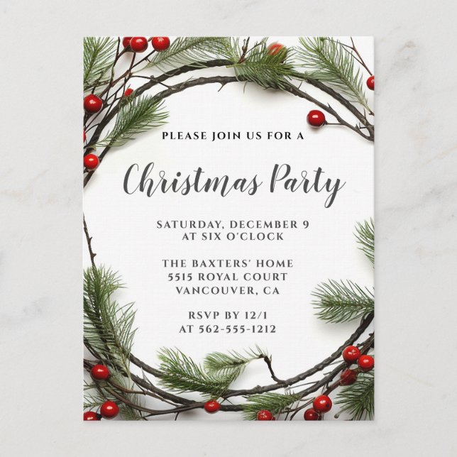 Christmas Wreath Holiday Party Invitation  Postcard (Front)