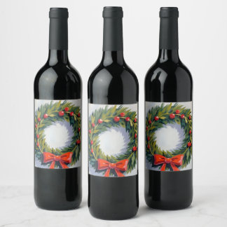 Christmas Wreath Holiday Party Painted Wine Label