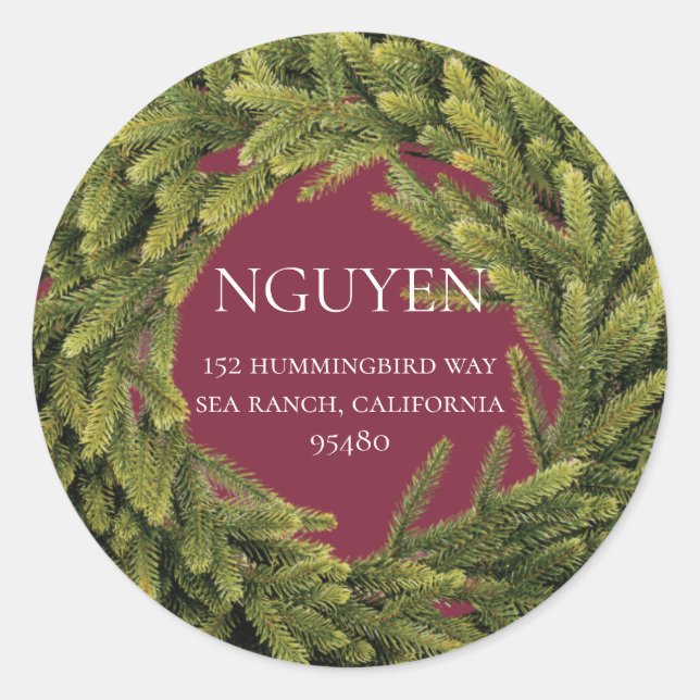 Christmas Wreath Holiday Return Address Classic Round Sticker (Front)