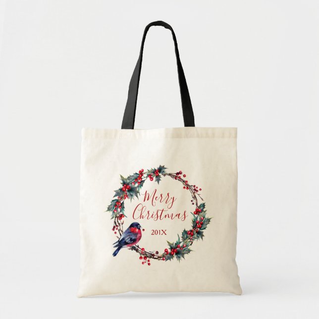 Christmas wreath Holly and bullfinch Tote Bag (Front)