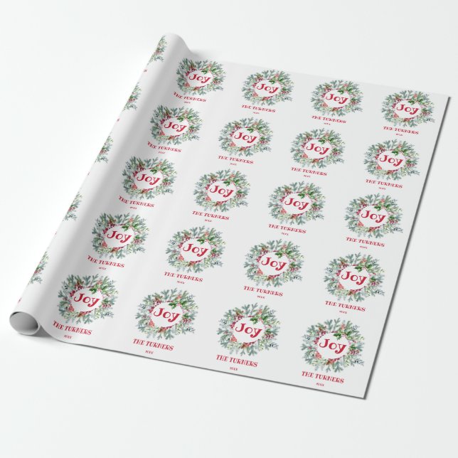 Christmas Wreath Holly Berry Joy Holidays Monogram Wrapping Paper (Unrolled)