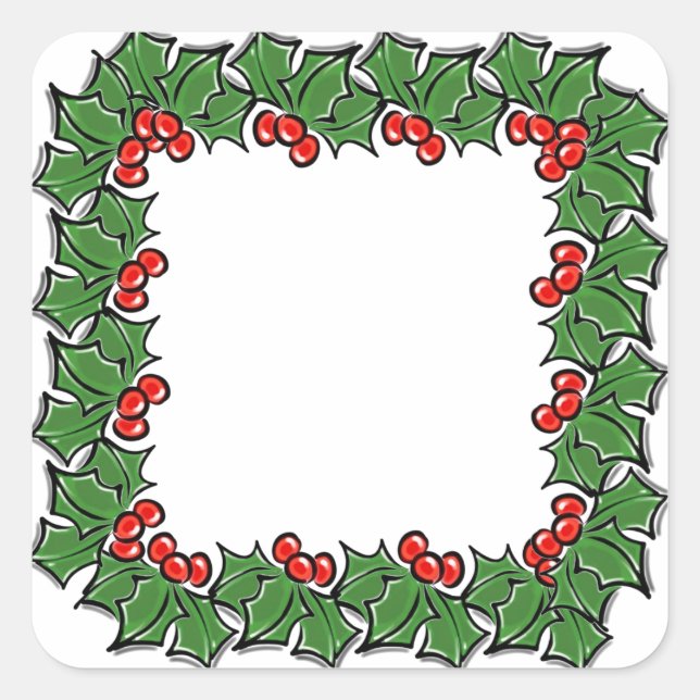 Christmas wreath holly leaves red berries green square sticker (Front)