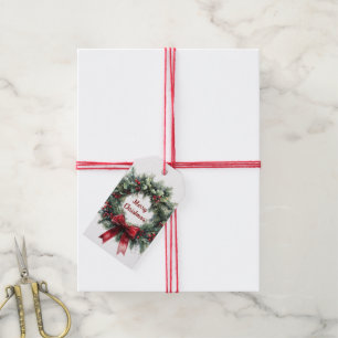 Christmas Wreath Holly Leaves Red Bow Greenery Gift Tags