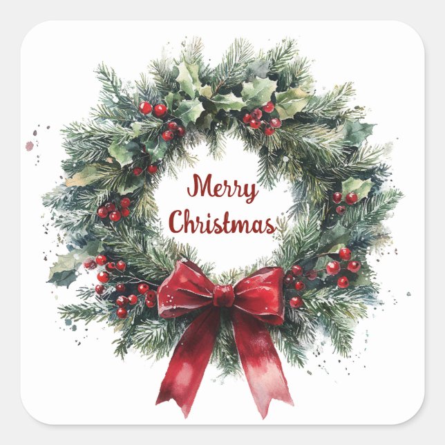 Christmas Wreath Holly Leaves Red Bow Greenery  Square Sticker (Front)
