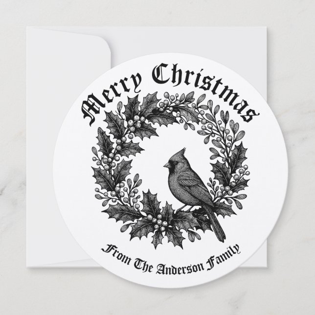 Christmas Wreath Holly Mistletoe Bird Illustration Holiday Card (Front)