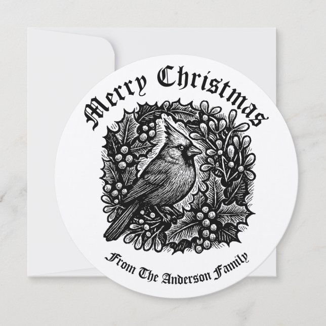Christmas Wreath Holly Mistletoe Bird Woodblock Holiday Card (Front)