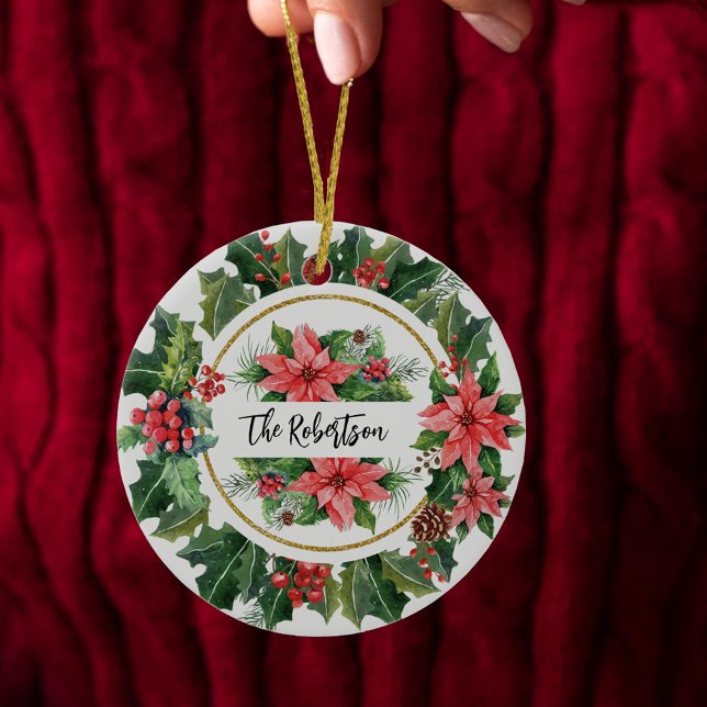 Christmas Wreath Holly Poinsettia Family Photo Ceramic Tree Decoration (Christmas Wreath Holly Poinsettia Family Photo Ceramic Ornament)