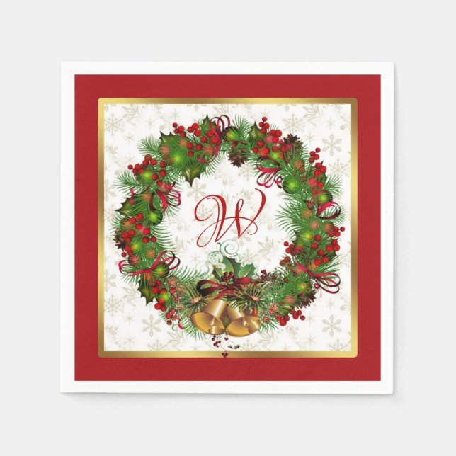 Christmas Wreath Holly Red Berry Pine Napkin (Front)