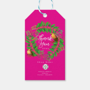 Christmas Wreath Holly Robin Bird Logo Hot Pink Gift Tags