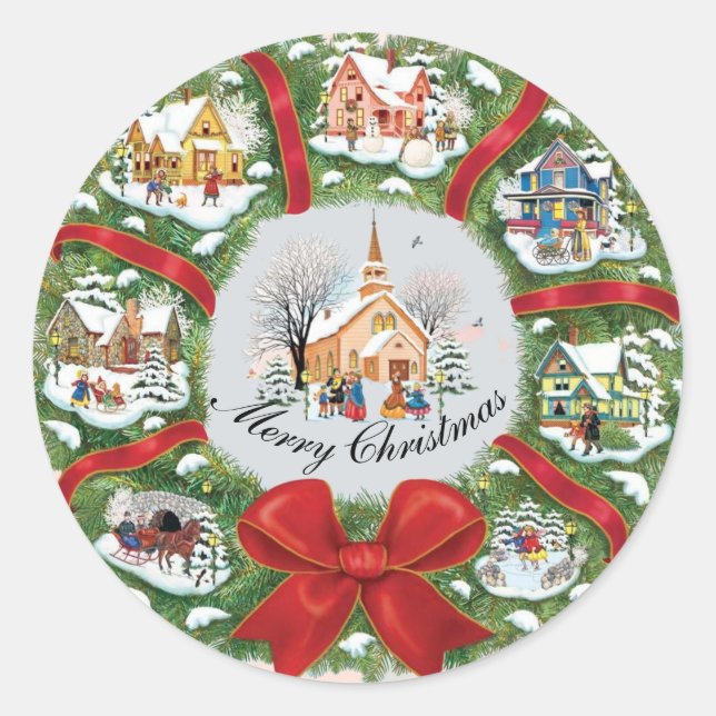 Christmas wreath illustrated classic round sticker (Front)