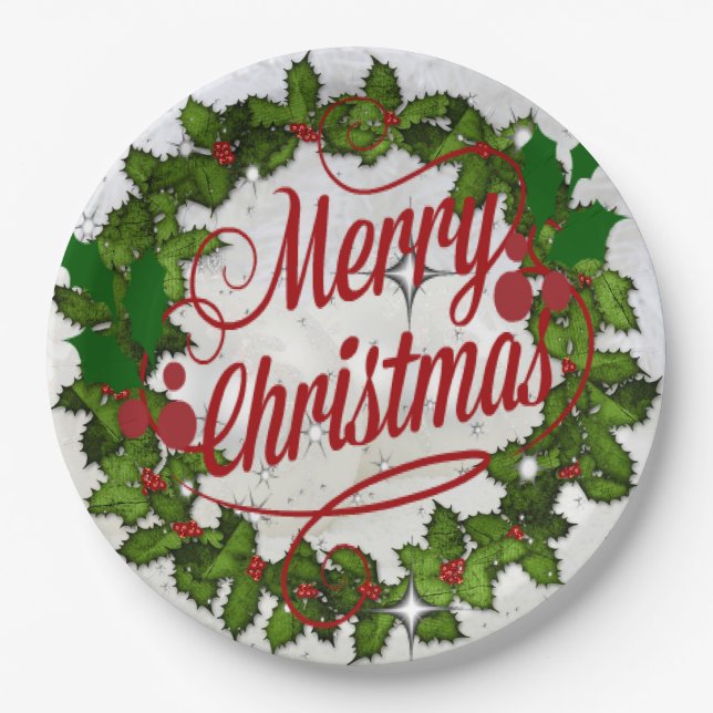 Christmas Wreath, in festive holiday colours Paper Plate (Front)