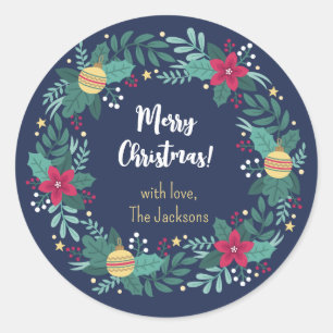 Christmas Wreath in Navy Personalised  Classic Round Sticker