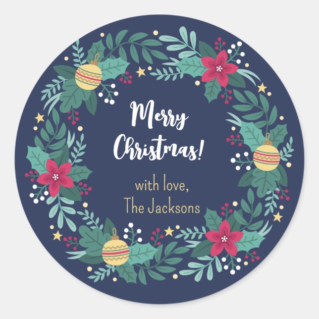 Christmas Wreath in Navy Personalised  Classic Round Sticker (Front)