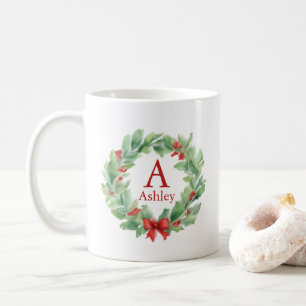 Christmas wreath in watercolor monogram and name coffee mug