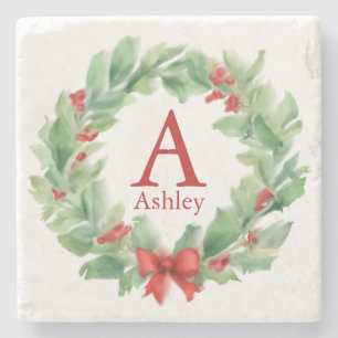Christmas wreath in watercolor monogram and name stone coaster