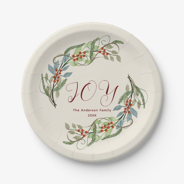 Christmas Wreath Joy Paper Plate (Front)