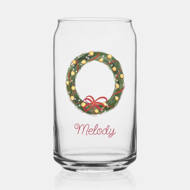  Christmas Wreath Kids Personalised Milk Can Glass (Front)