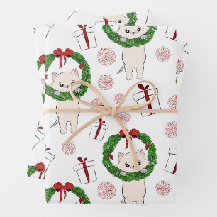 Christmas Wreath, Kitten and Presents Wrapping Paper Sheet