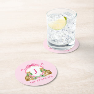 Christmas Wreath Leopard Crest Monogram Round Paper Coaster