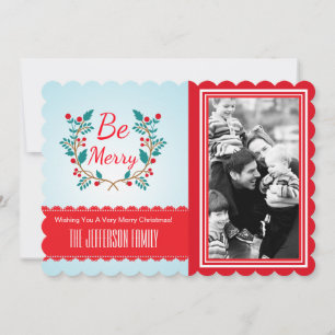 Christmas Wreath Light Blue and Red Custom Photo Holiday Card