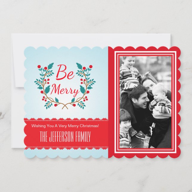 Christmas Wreath Light Blue and Red Custom Photo Holiday Card (Front)