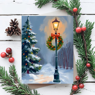 Christmas Wreath Lightpole Tree Holiday Postcard