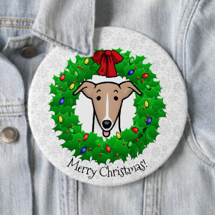 Christmas Wreath & Lights Whippet - Fawn & white 6 Cm Round Badge