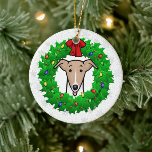 Christmas Wreath & Lights Whippet - Fawn & white Ceramic Tree Decoration