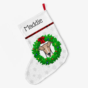Christmas Wreath & Lights Whippet - Fawn & white Large Christmas Stocking